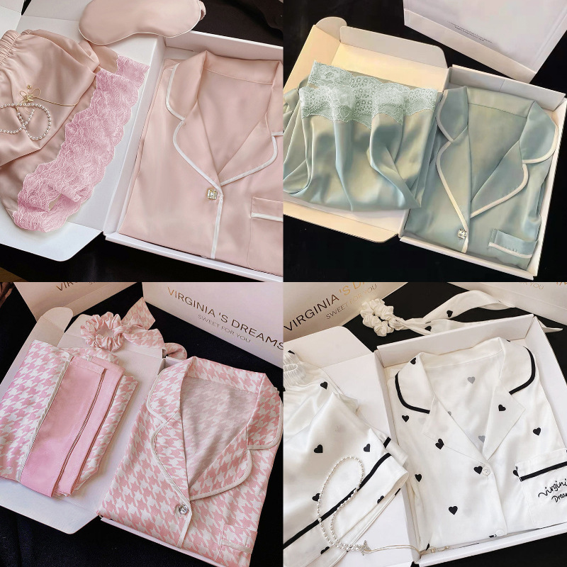 Imitation Silk Pajamas Women's Short-sleeved Lapel Cardigan Sexy Lace Simple Home Clothes suit Women's TikTok Explosions