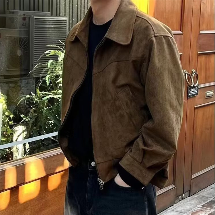Autumn and Winter Vintage High Street Suede Short Jacket Men's Loose Handsome All-match Motorcycle Lapel Flying Casual Jacket