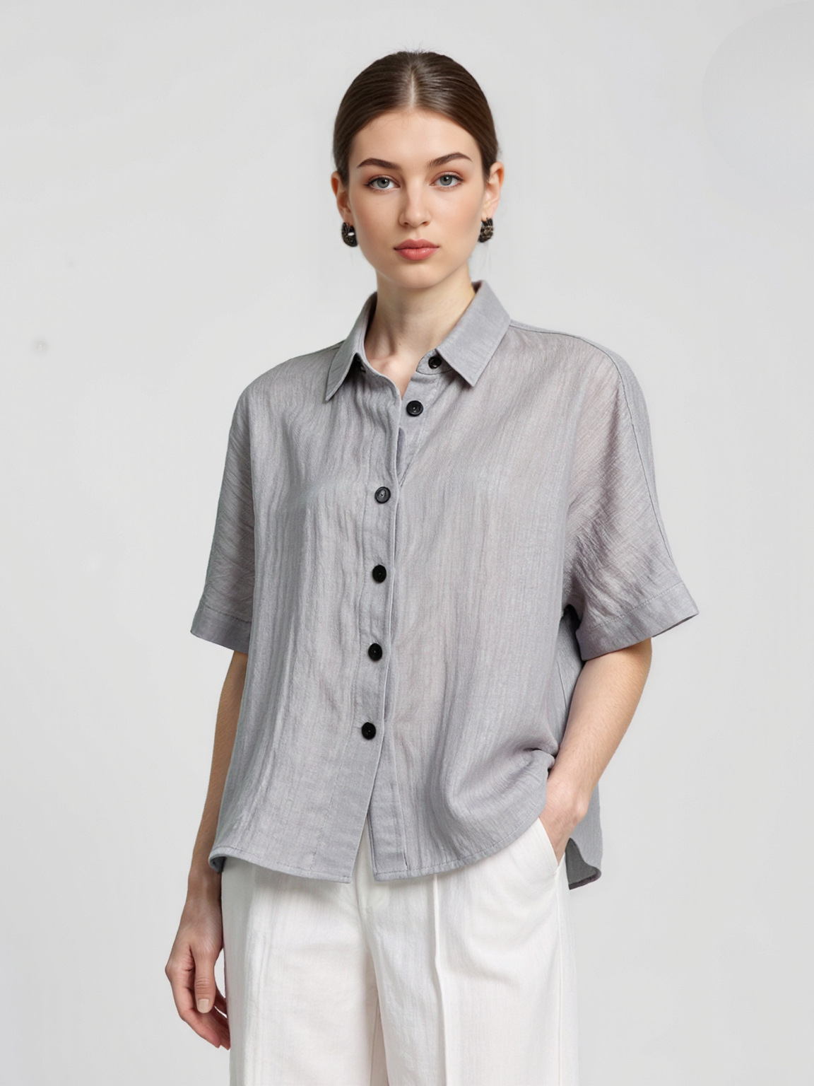 New 2025 Retro Short-Sleeved Linen Shirt Women's Pure Color Summer Loose Square Collar Top Commuter Linen Shirt