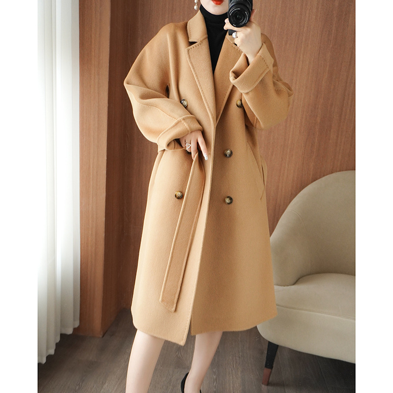 Runshi Elegant Double-sided Wool Coat Women's Mid-length 2022 Autumn New Solid Color Lace-up Jacket Loose All-match