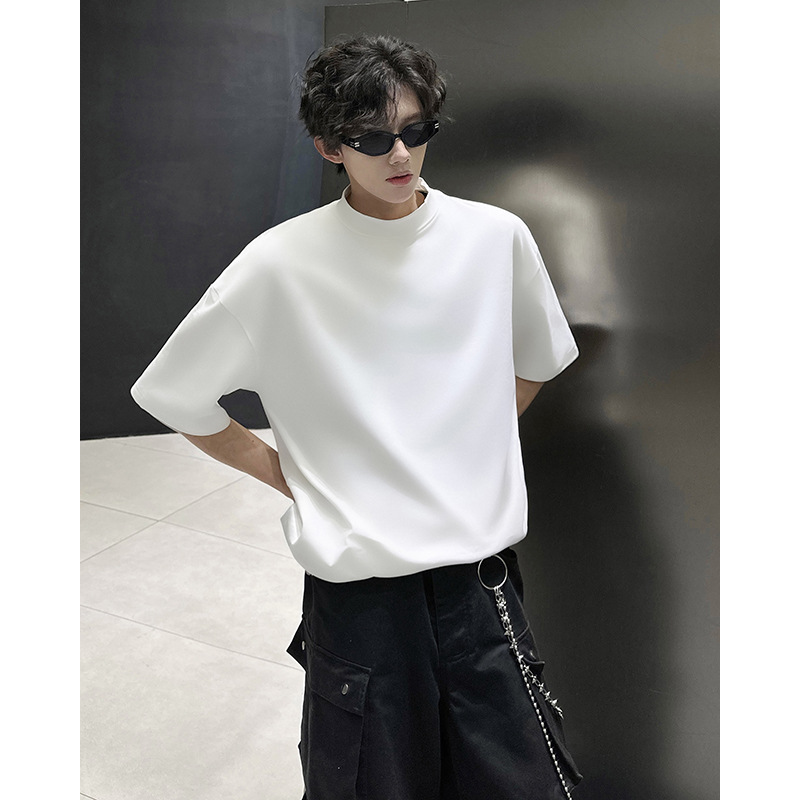 2026 New Men's T-Shirt, 240g Loose Fit, Stretchy, Semi-High Collar, Stylish Solid Color Short-Sleeve T-Shirt, Base Layer Shirt