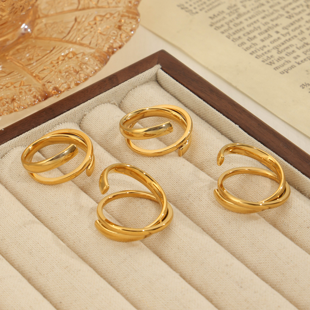 Fashion Commuter Simple Personality Geometric Jewelry Double Layer Line Stitching Design Sense Stacked Wear Wind Titanium Steel Gold-plated Ring