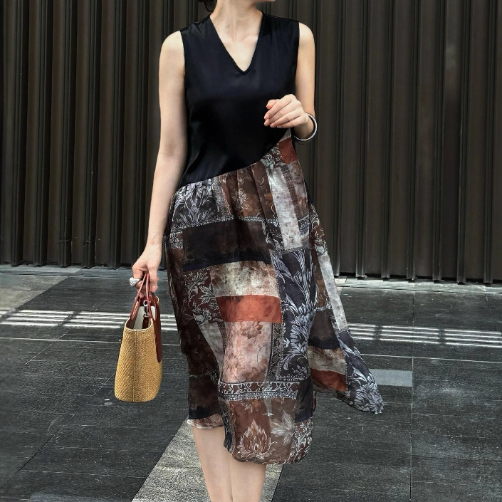 2025 Shenzhen Nanyou High-End Vintage-Style Versatile Silk Linen Acetate Printed V-Neck Vest Dress for Women
