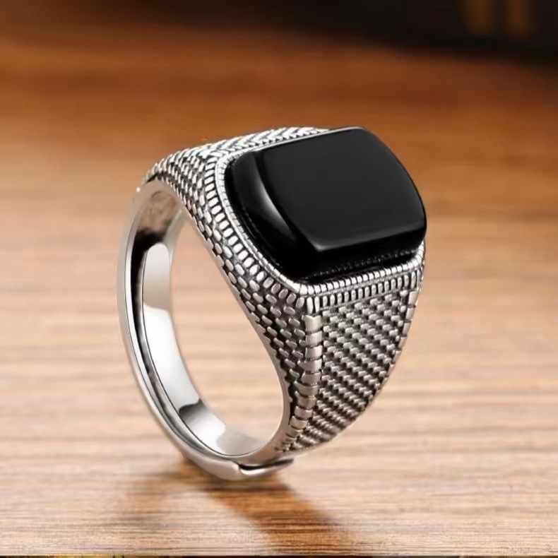 Vintage Imitation Black Onyx Ring Men's Trendy Cold Style Wide Pasta Finger Ring Advanced Sense Old Thai Silver Open Ring