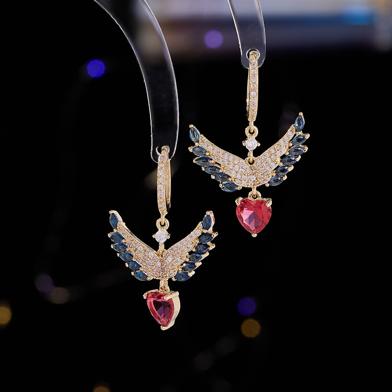 European and American Fashion Personality Micro-inlaid Zircon Angel Wings Love Earrings Light Luxury Style Elegant Niche Design Sense Ear Buckle