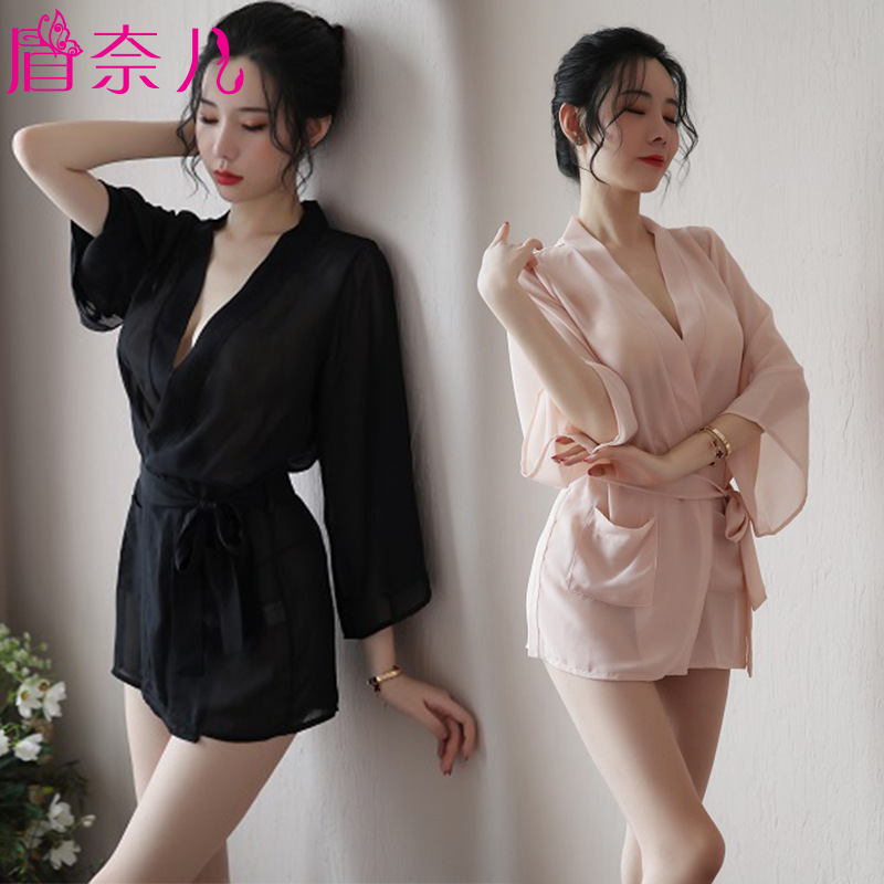 Sexy Underwear Women's Sexy Perspective Temptation Bathrobe Nightgown Chiffon Large Size Nightgown Kimono Passion Pajamas Set