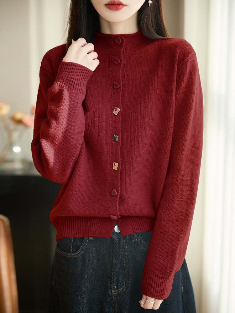2026 Autumn and Winter New Skin-Friendly Half-Turtleneck Knitted Cardigan Long-Sleeve Women's Heart-Button Solid Color Loose Top Jacket