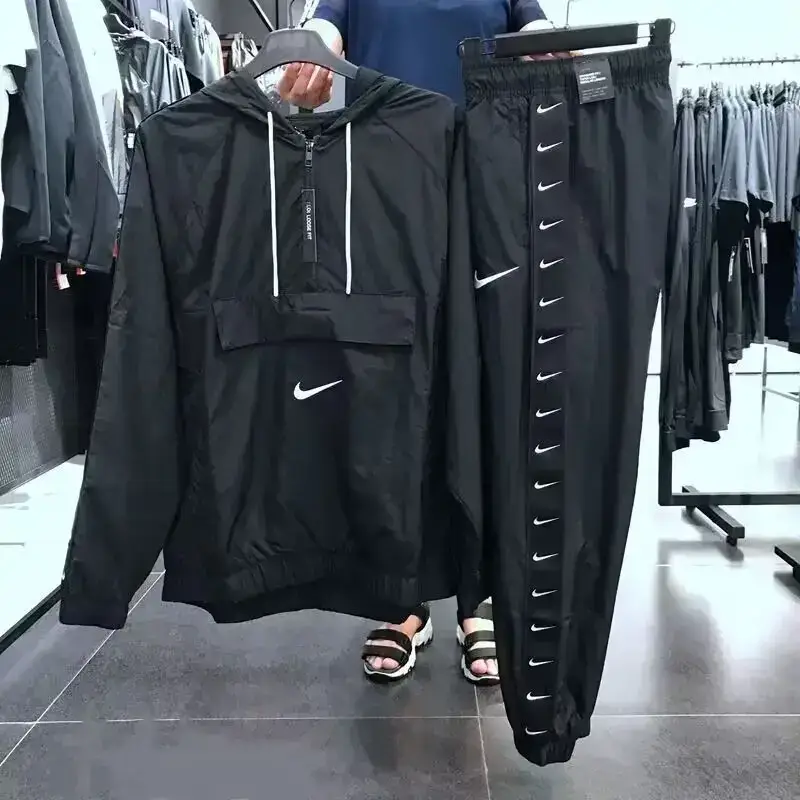 Cross-Border Wholesale Spring and Autumn Casual Suit Nk Woven Windbreaker Hooded Trendy Brand String Label Men's and Women's Two-Piece Sports Pants