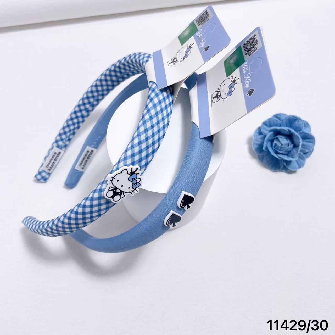 New Authentic Hello Kitty Summer Fresh Fabric Denim Blue Plaid Headband Fashionable and Stylish High Crown