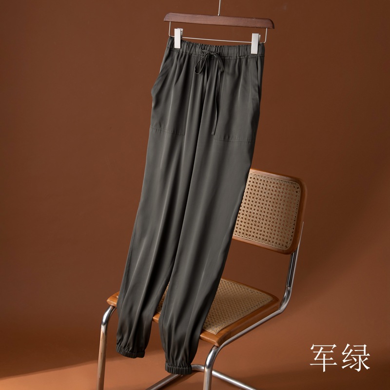 Autumn New Silk Casual Pants for Women, Mulberry Silk Commuter Black Slim Pants, Double Satin Matte Elastic Pants