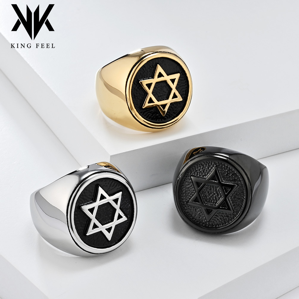 Cross-Border European and American Retro Large Satellite Hexagram Titanium Steel Ring Men's Personalized Niche Solomon Seal Ring