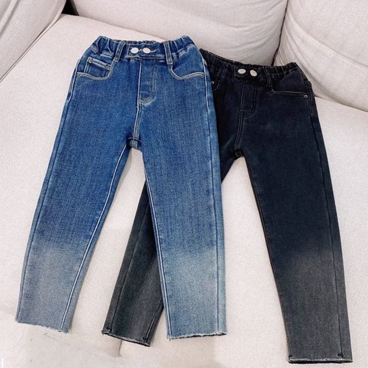 Autumn and Winter Women's Children's Wear Jeans Baby's Western Style Children's Personalized Trendy Brand Korean Style Gradient Thickened One-piece Velvet Pencil Pants