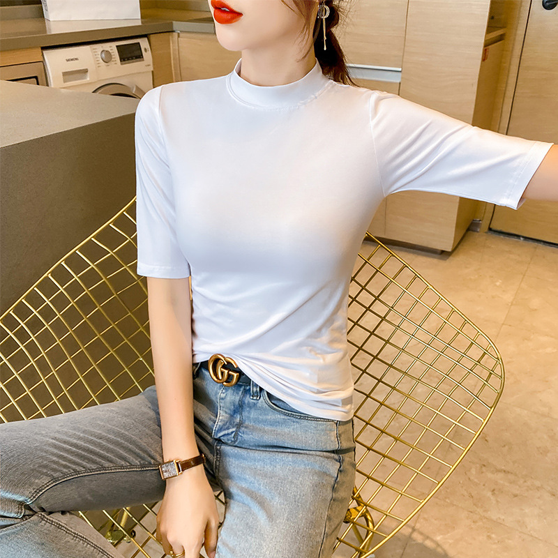 White Half-Turtleneck Base Shirt for Women, Suitable for Autumn and Winter 2026, New Pure Cotton Slim-Fit Regular Shoulder Long-Sleeve T-Shirt Top
