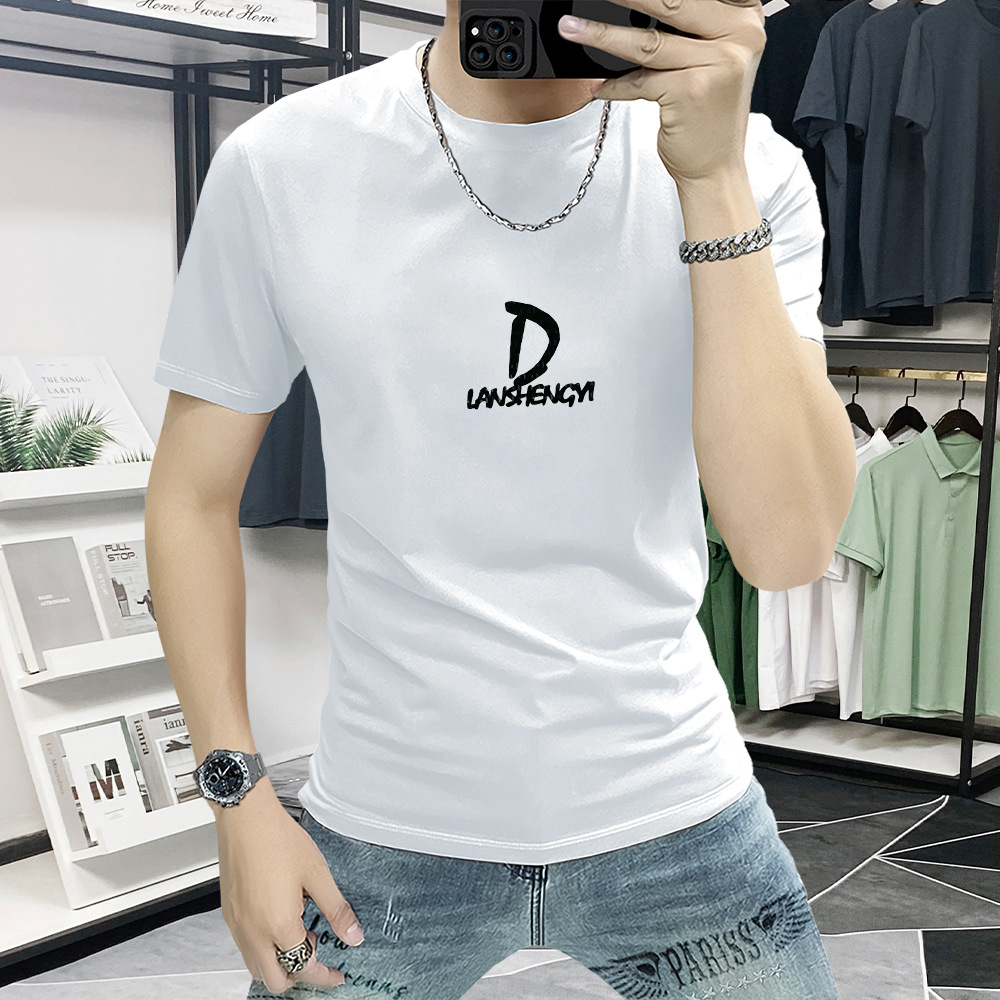 Trendy Men's T-shirt Short-sleeved Summer New Letter Printed Slim-fit Men's Half-sleeved Top Casual All-match White Round Neck T-shirt