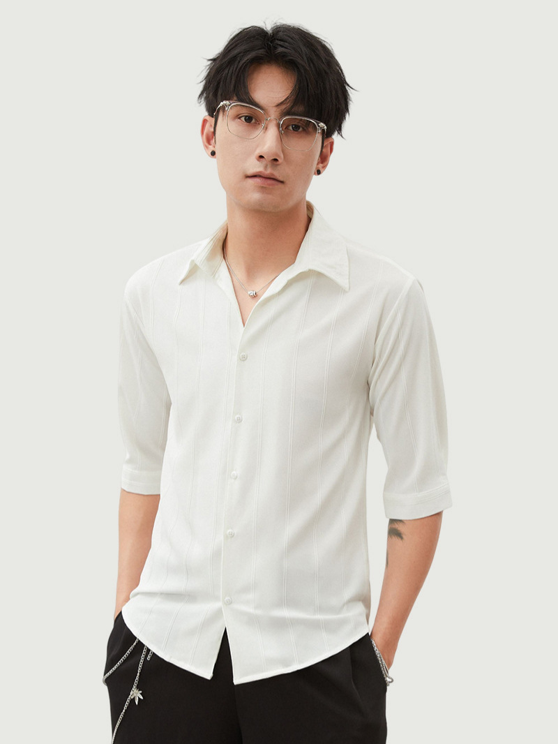 Simple and Elegant High-End Men's Short-Sleeve Shirt, Summer Ice Silk Design, Premium Slim-Fit Three-Quarter Sleeve Men's Shirt