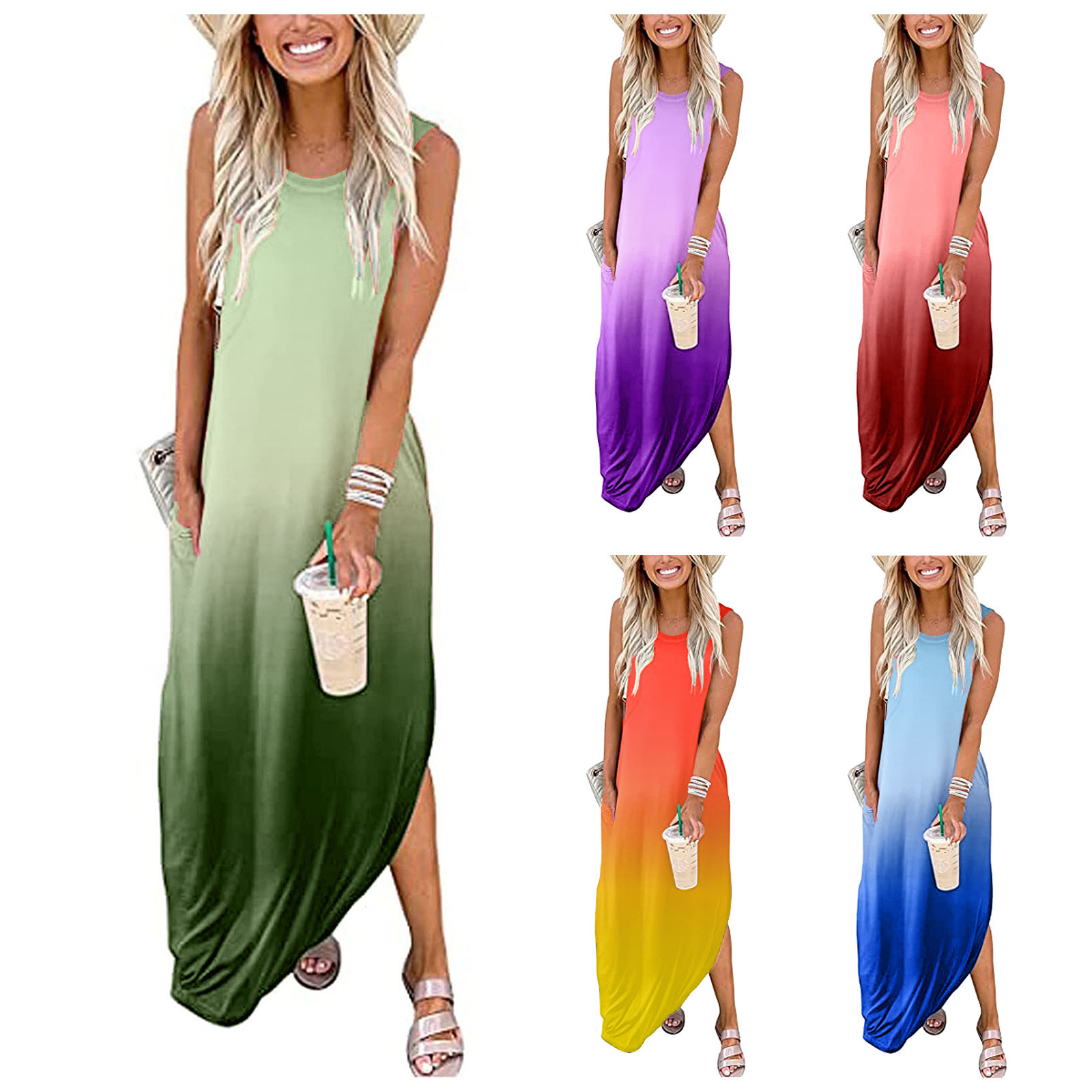 2022 Summer European and American New Amazon Independent Station Round Neck Sleeveless Gradient Printed Pocket Long Dress