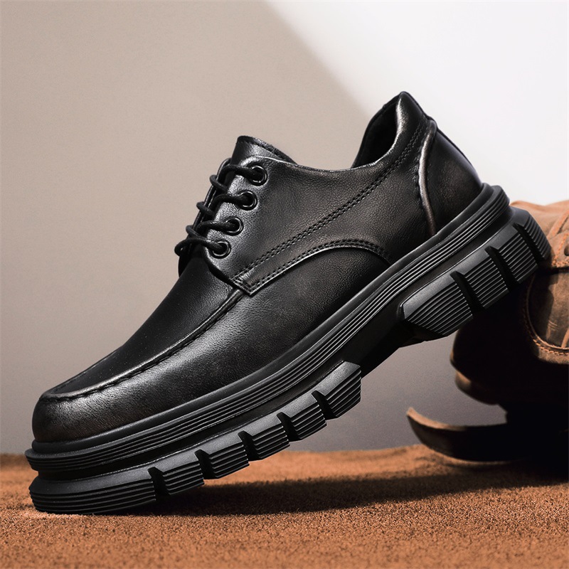 Leather Shoes Men's 2024 Autumn New Genuine Leather Business Casual Shoes Men's Thick Sole Increased Lightweight Non-Slip Black Derby Shoes
