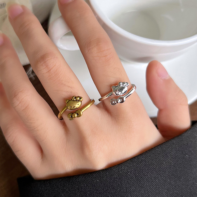 Lanzhi 925 Silver Ring for Women, Non-Fading Cartoon Kitty Cat Jewelry, Korean Cross-Border Ins Vintage Gold Cat Ring