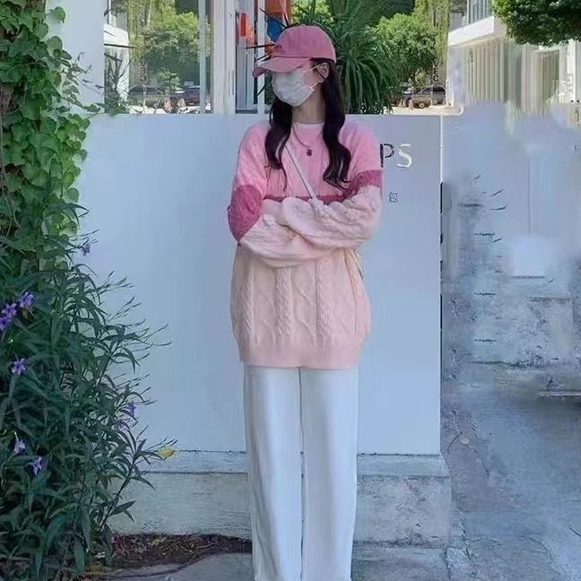 Korean style lazy style milk fufu sweater women's autumn and winter niche contrast color age-reducing three-dimensional flower twist sweater top