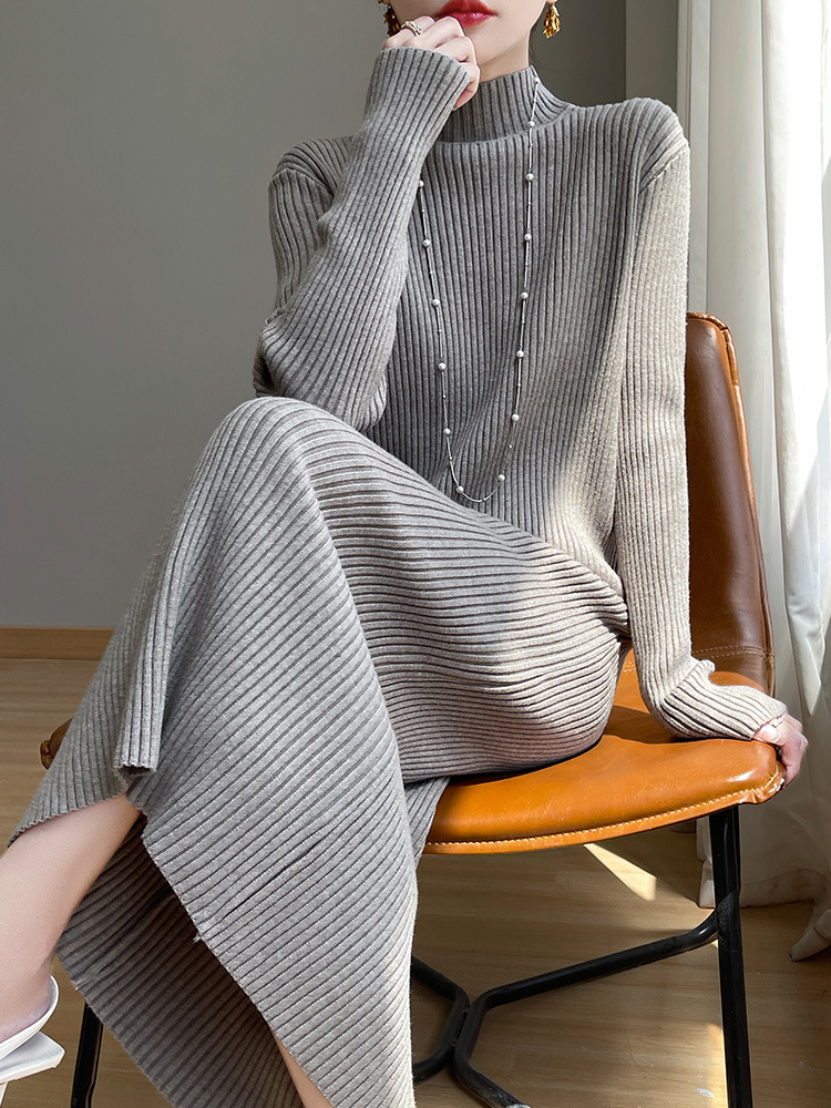 Half-high Collar Coat Knitted dress Women's Autumn and Winter Long Base Over-knee Thickened Warm Knitted Long Dress