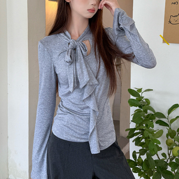 New Autum Elegant Commuter Style Ruffled Long-Sleeved T-Shirt, Chic and Beautiful Bottoming Shirt, Slimming Look Top for Women