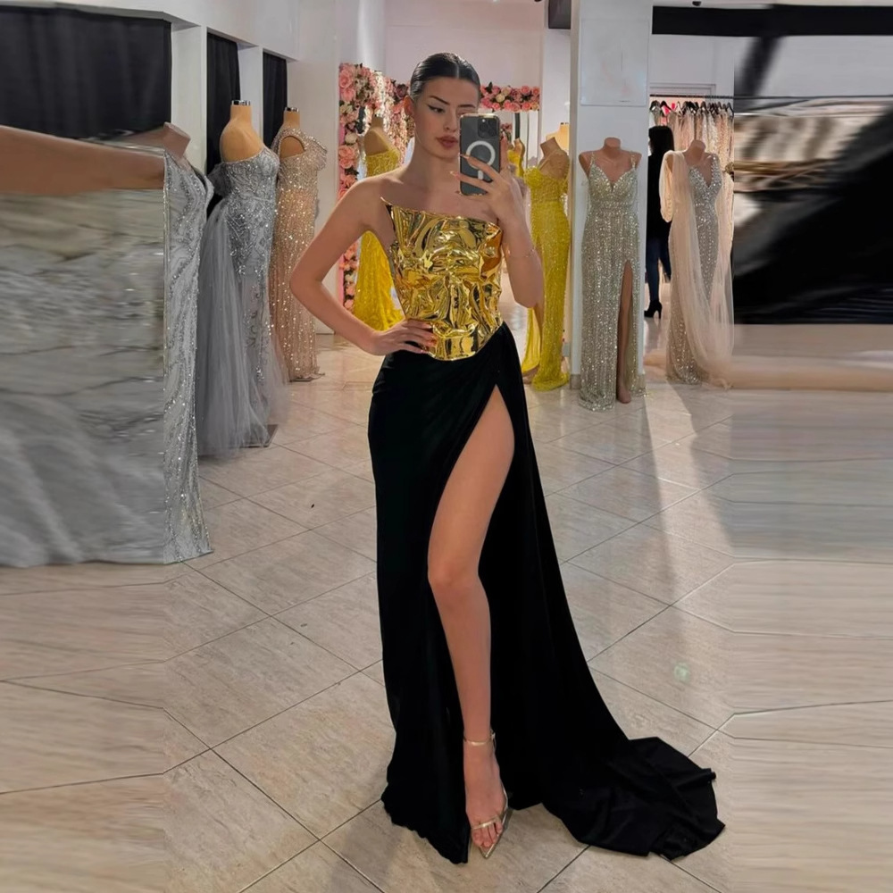 2025 Cross Border Metal Mirror High Split Satin Strapless dress Fashion Design Dinner Dress