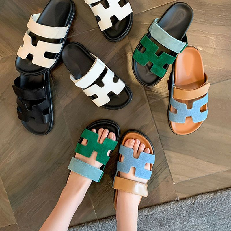 Large Size One-Piece Color-Blocked Fashionable Thick-Soled Slippers for Women, Casual Popular Cross-Border European and American Style Velcro Slippers for Export