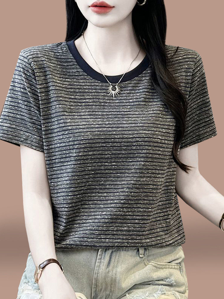 Striped Short-Sleeve T-Shirt for Women, Summer Thin Style, 2026 New Fashion, Stylish and Trendy, Casual Versatile Round-Neck Top for Moms