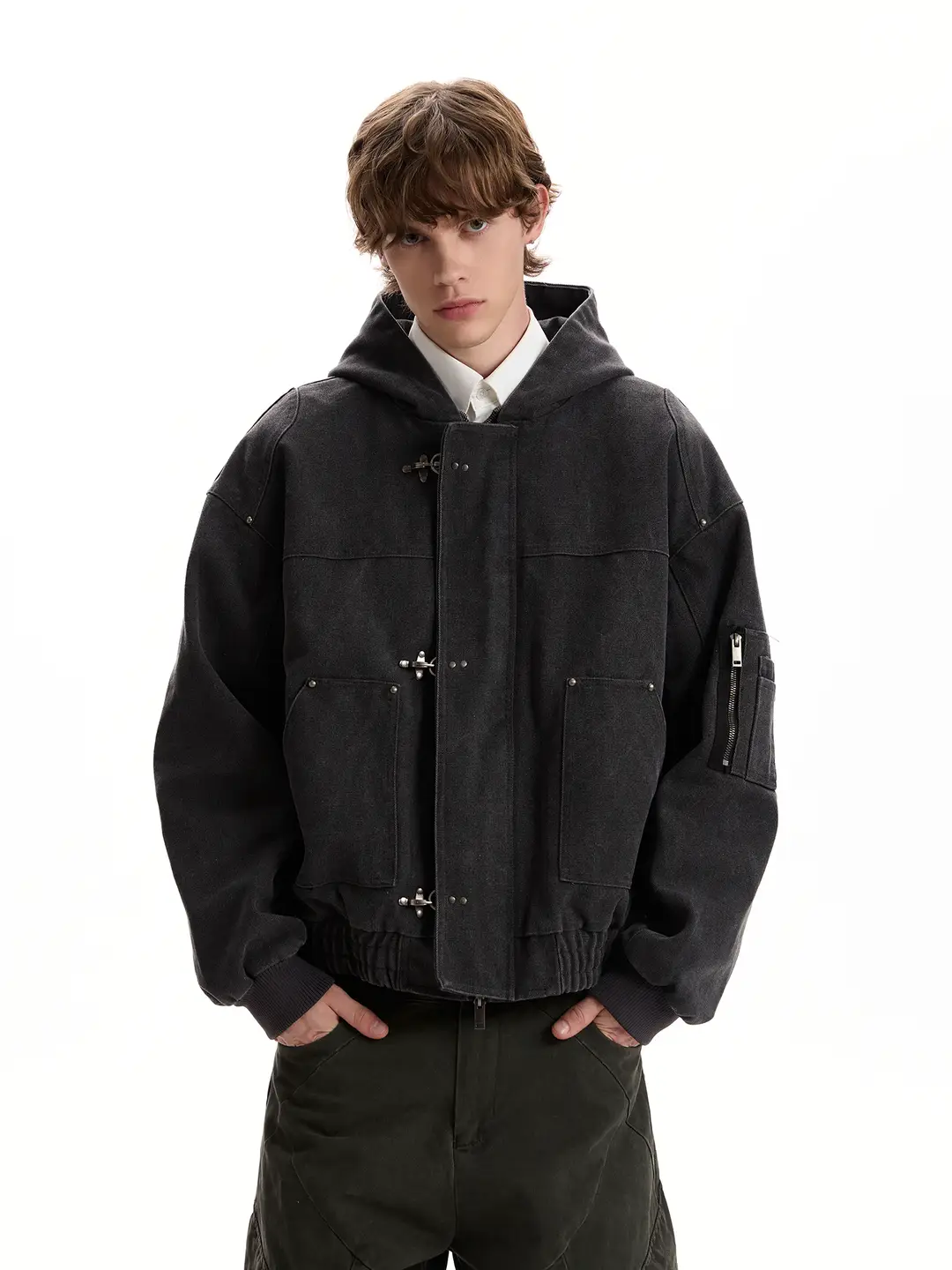 A PUEE American retro washed old aircraft buckle Stylish hooded jacket tide box version short Outwear