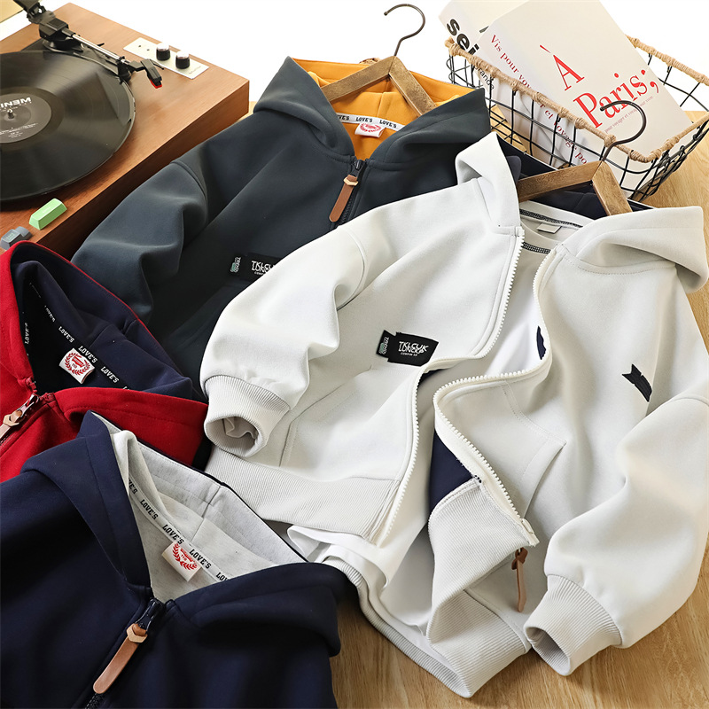 Children's Hooded Jacket, Medium and Large Kidsren's Family Autumn Zipper Cardigan Pure Color Casual Hoodie Boys and Girls Tops Lv1107