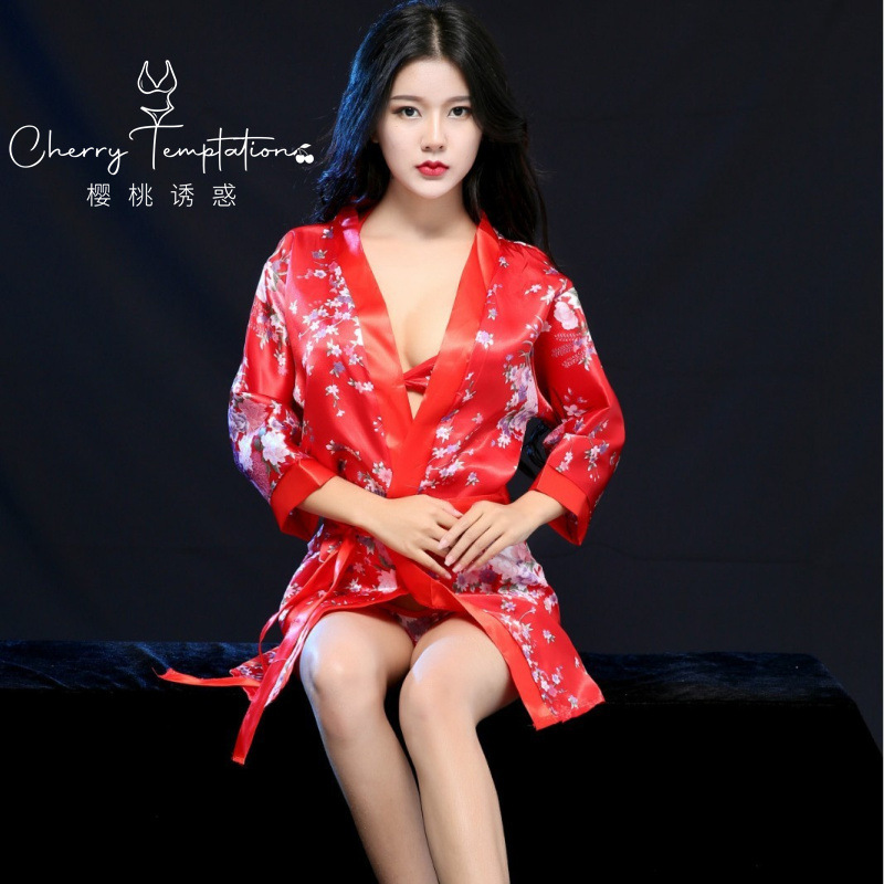 Cherry temptation Europe and the United States foreign trade sexy underwear sexy red printed khan steam kimono bathrobe three-point bathrobe suit