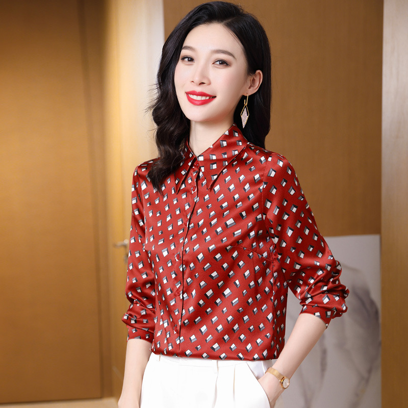 3557 Stand Collar Single-Breasted Elegant and Fashionable Women's Shirt, New Spring Style Printed Mulberry Silk Long-Sleeve Shirt