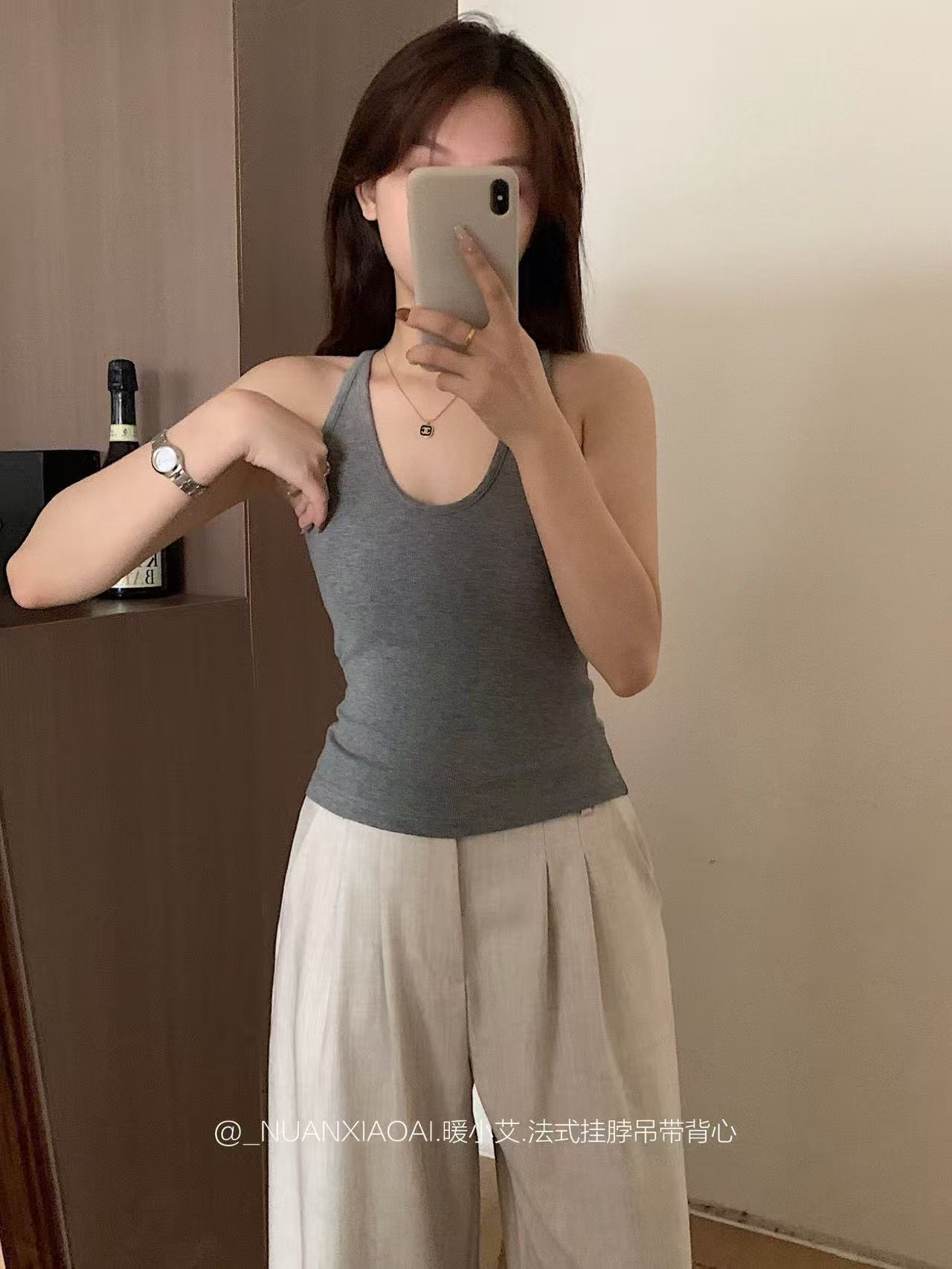 Nuanxiaoai French Halterneck Vest 588 Fleece-Lined with Chest Pad I-Shaped Suspender Yoko Silk Threaded Cotton Beautiful Back Top