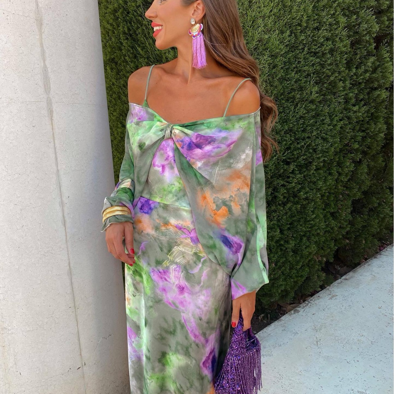 Elegant Floral Polyester Suspender Dress Seaside High-End Vacation Suit Coat Autumn Long-Sleeve Women's Beachwear