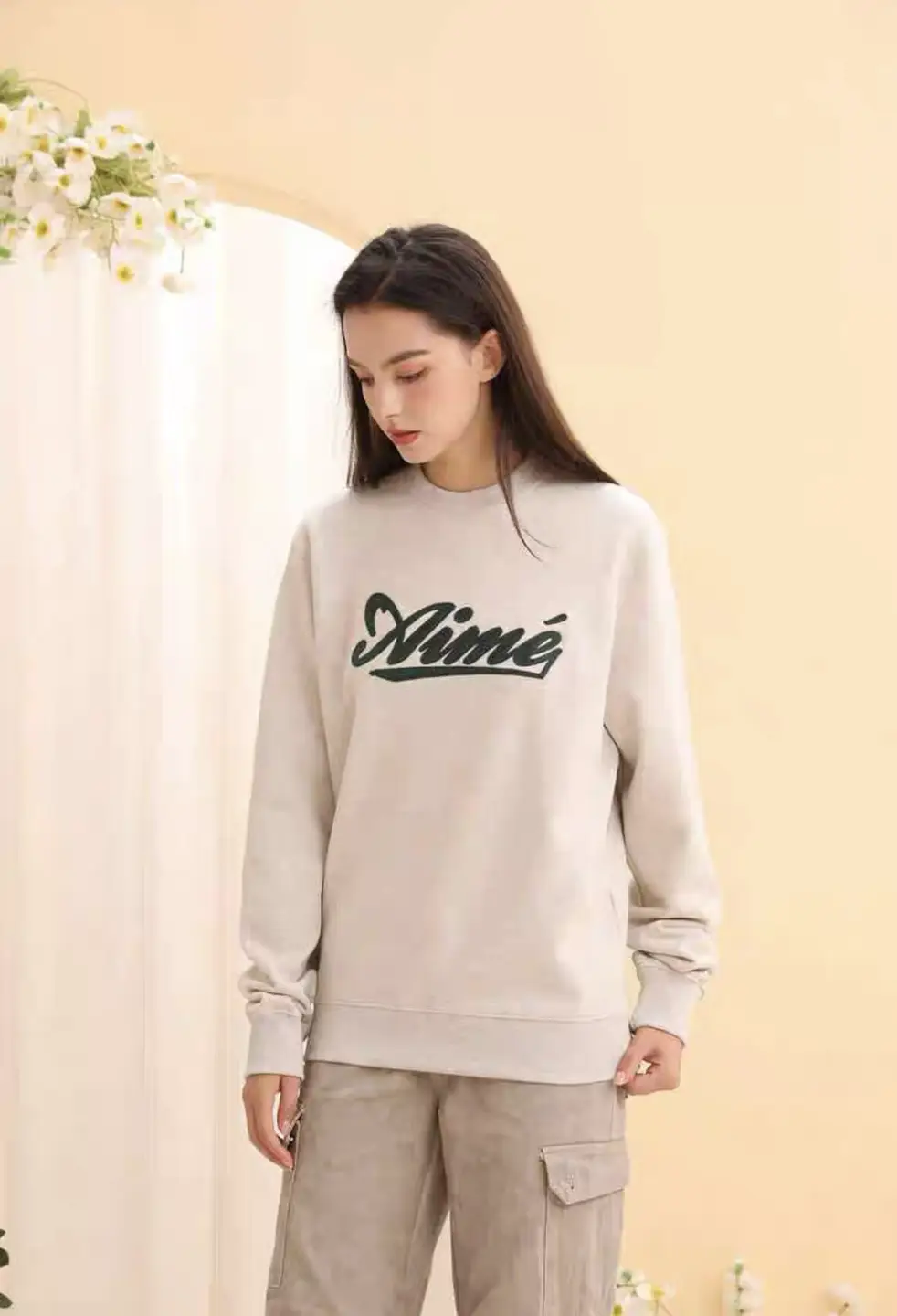 Aime Leon Dore Ald Letter Flocking Embroidery Crew Neck Pullover Sweatshirt, Loose Fit, Sporty, Simple, Versatile and Trendy