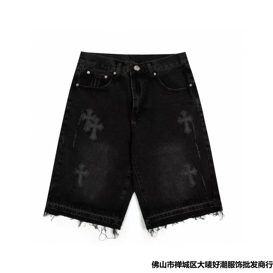 24Sschrome Hearts Cross Embroidered Distressed Denim Shorts Five-Quarter Pants Couple Style Cross-Border Exclusive