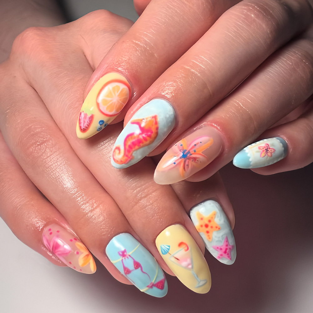Short Almond-Shaped Nail Art, New Spring and Summer Style, Starfish Flower 3D Relief, Brightening Effect, Wearable Nails, 24 Pieces, Detachable Nail Pieces