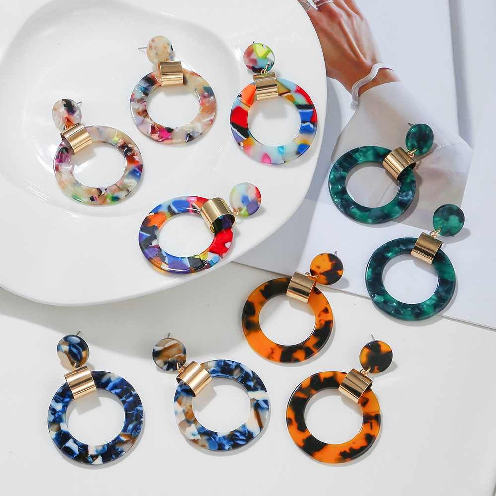 Cross-Border European and American New Acrylic Earrings, Fashionable Exaggerated Acetate Earrings, Geometric Metal Round Color Earrings for Women