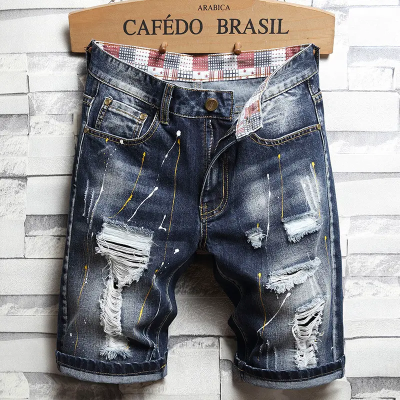 Denim Hole Shorts Men's 2023 Trendy Brand New Slim-fit Mid-length Pants Korean Style Youth Trendy Patch Pants Men's