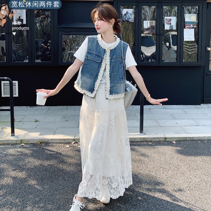 Lace Denim Vest and Lace Skirt Set 2026 New Women's Spring and Summer Design Jacquard Skirt in a Chanel Style
