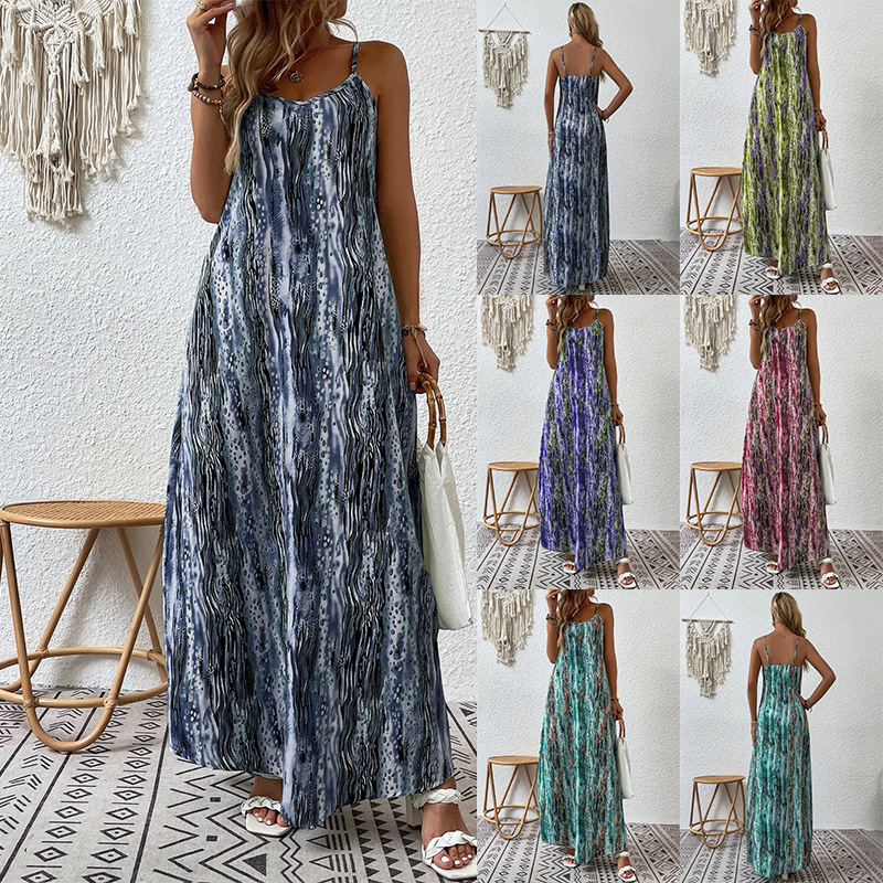 European and American Cross-Border 2023 Spring and Summer Women's Clothing Amazon Independent Site Women's Printed Spaghetti Strap Dress Women's Gradient Print