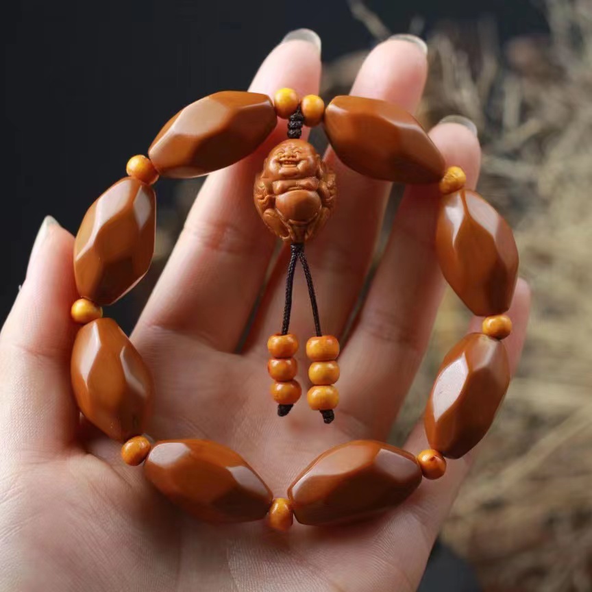 Olive Stone carving six-sided rhombus with smiling mouth often open pendant accessories bracelet men and women same style Buddha beads Wenwan bracelet