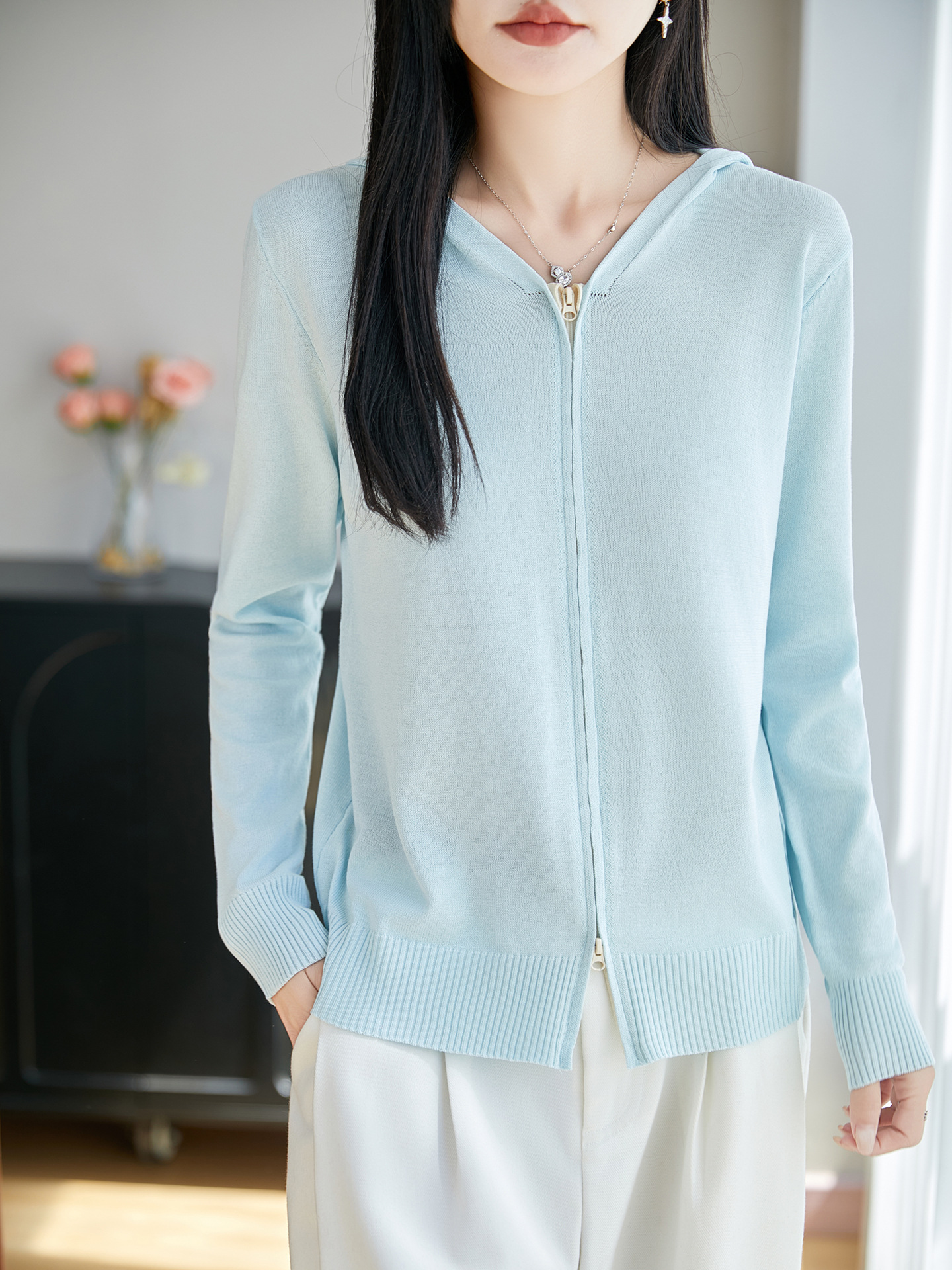 26 New Spring and Summer Ice Silk Hooded Knitted Cardigan Long-Sleeved Double Zipper Pure Color Thin Top Jacket Sun Protection Shirt