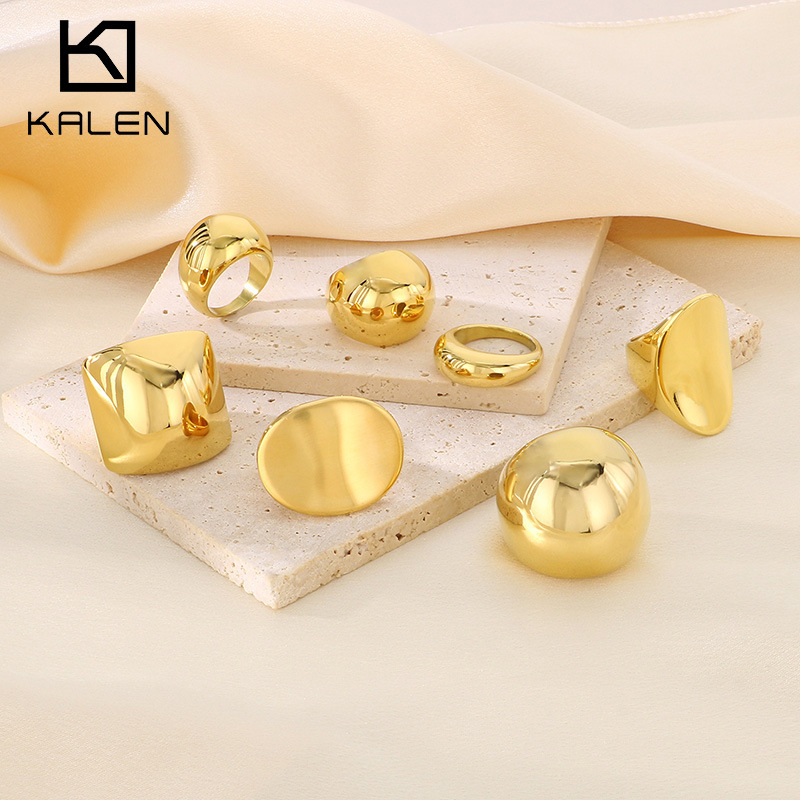 Personalized Trendy Gold Arc Top Mirror Polished Engravable Ring Exaggerated 18K Gold-Plated Titanium Steel Ring for Men and Women