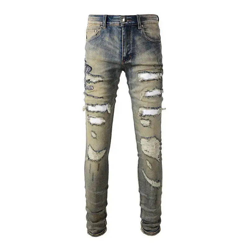 Cross-Border High Street Men's Denim Embroidered Men's Jeans Men's Ripped Pants Nostalgic Scratched Small Feet Boys' Pants 6611