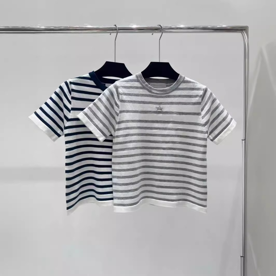 Lucky Star Letter Embroidery 2024 Summer New Short Striped T-Shirt Round Neck Thin Knit Short Sleeve Color Block