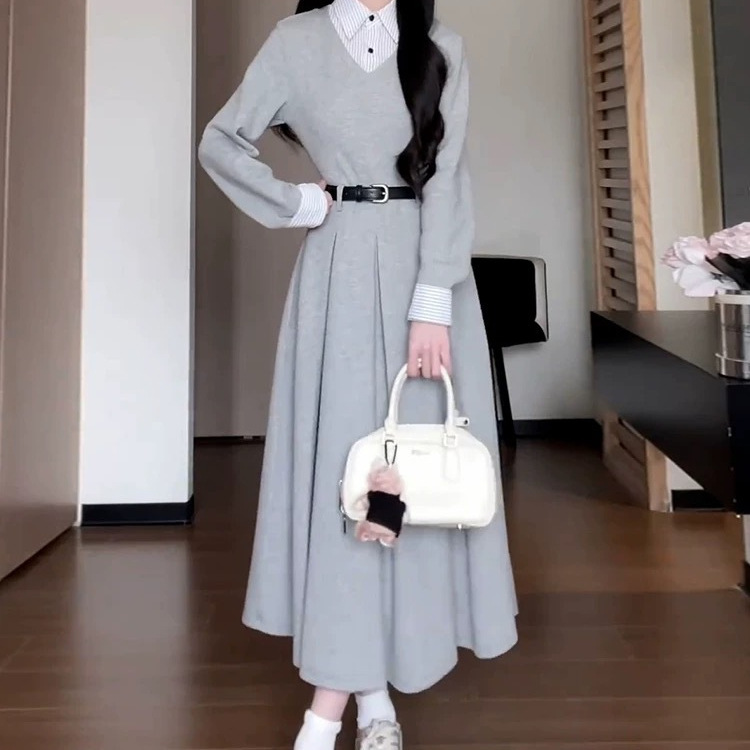 Autumn 2024 New Design Sense Fake Two-piece Shirt Collar Skirt Academy Style Tight Waist Slim A- shaped dress Women