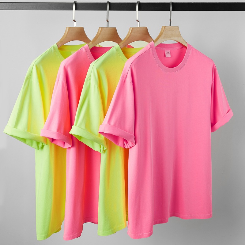 Japanese style high street fashion brand washed old fluorescent yellow men's and women's cotton round neck short sleeve t-shirt drop shoulder loose t-shirt