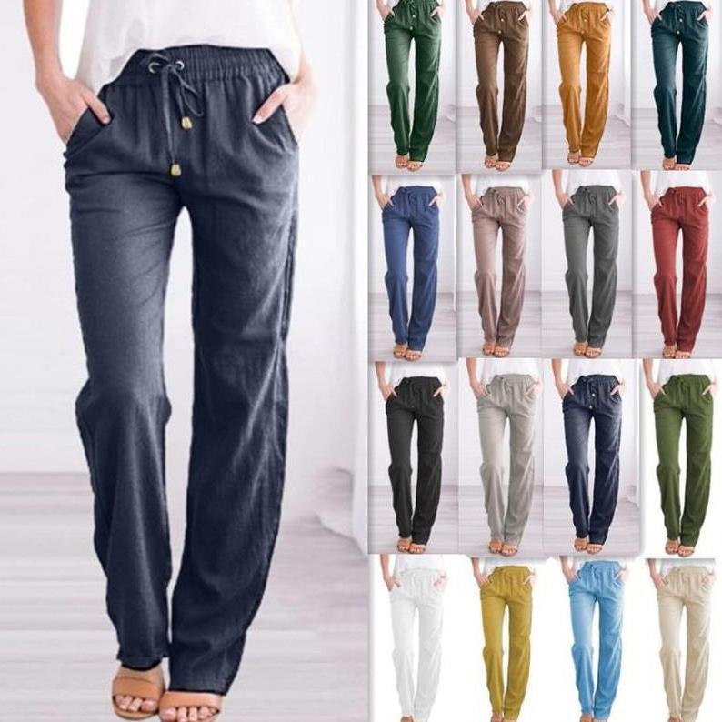 Cross-border Spring and Summer Women's Clothing European and American Amazon eBay Independent Station Solid Color Cotton and Linen Drawstring Loose Casual Wide-leg Pants