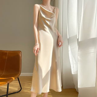 French style long dress silk satin swing collar high-end design sense niche outdoor wear sexy sling dress slimming dress